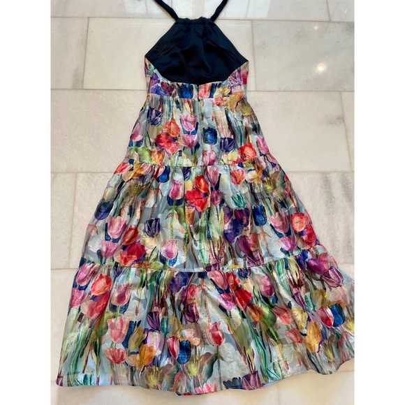 MILLY Hayden Metallic Tulip Halter Dress | Blue Multi | Size 4 - Picture 5 of 6